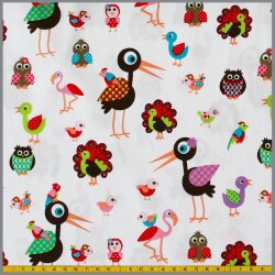 Baumwollstoff Vogel unter Freunden weiß