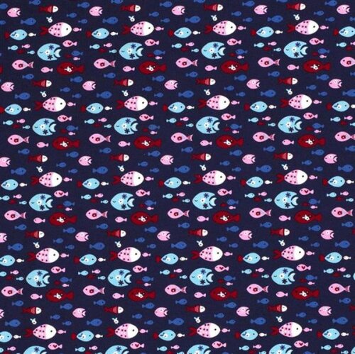 Popeline di cotone Maritime Colorful Fish blu denim scuro