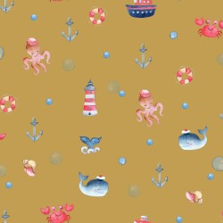 Katoenen jersey Organic Digital Sea Animals - mosterd