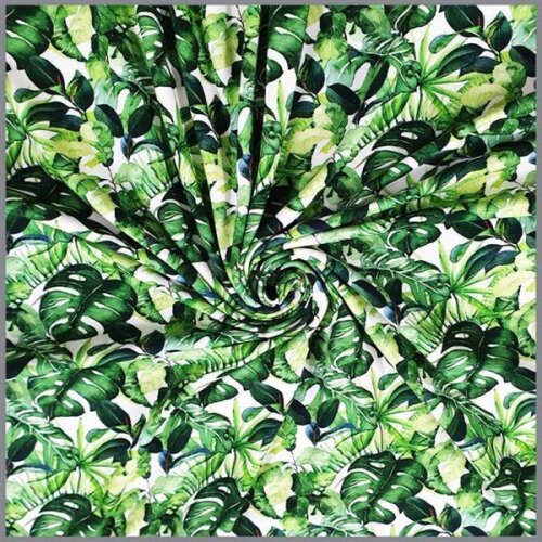 Bavlněný žerzej Digital Leaf Jungle krém