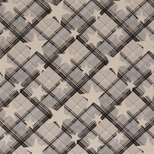 Decorative fabric black baby blue checkered with stars linen look