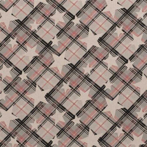 Decorative fabric black pink checkered with stars linen look
