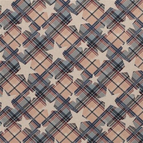 Decorative fabric red blue checkered with stars linen look