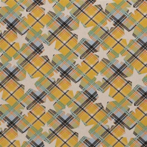 Decorative fabric mustard green checkered with stars linen look