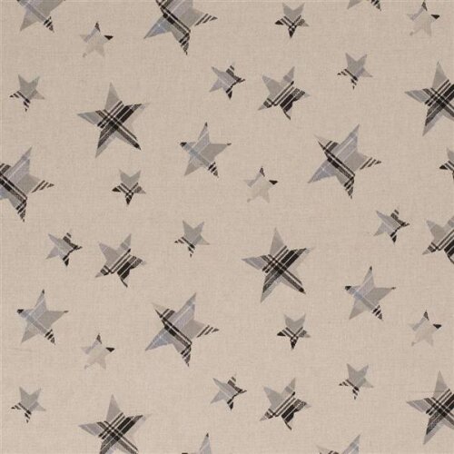 Decoratieve stof, lichtblauw, grijs, geruite sterren, linnen look