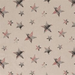 Decorative fabric pink black checkered stars linen look