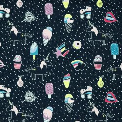 Cotton jersey neon unicorn party - dark blue