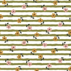 French terry flowers on stripes - olive green