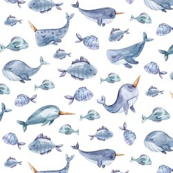 Katoenen jersey Organic Digital Narwhal and Friends - wit