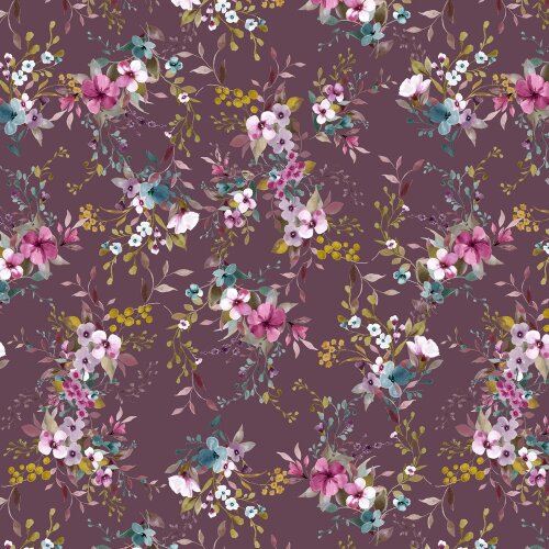 Katoenen jersey Digital Flowers - aubergine
