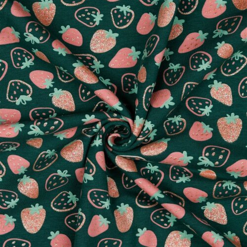 Katoenen jersey glitter aardbeien - smaragd