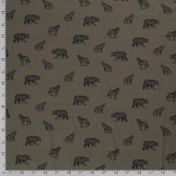 Cotton jersey digital wild drawn animals old olive