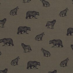 Cotton jersey digital wild drawn animals old olive