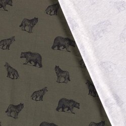 Cotton jersey digital wild drawn animals old olive