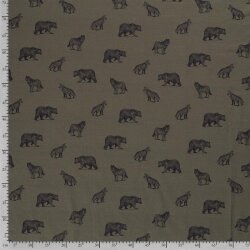 Cotton jersey digital wild drawn animals old olive