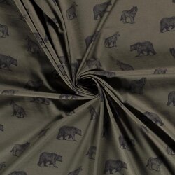 Cotton jersey digital wild drawn animals old olive