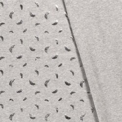 Algodón jersey foil estampado plumas plateado gris claro moteado