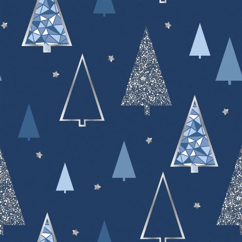 Bavlněný poplin vánoční metalické mozaikové stromy tmavě modrá
