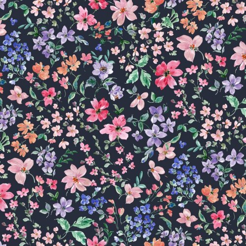 French Terry Digital Flowers - dark blue