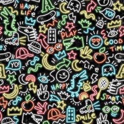 Katoen Jersey Digital Neon Doodle - Zwart