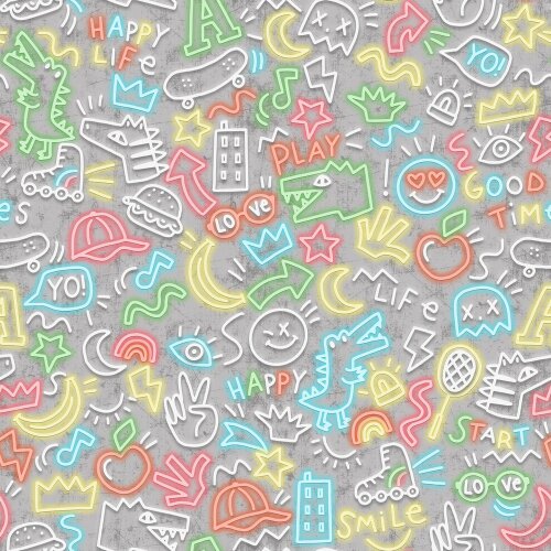 Cotton jersey Digital Neon Doodle - light grey