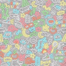 Katoenen jersey Digital Neon Doodle - lichtgrijs