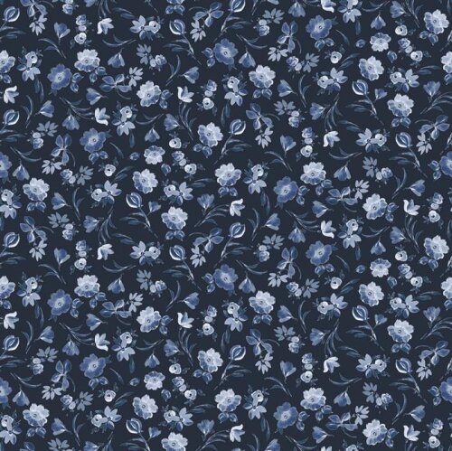 Jersey de coton Digital Flowers - bleu foncé