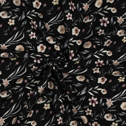 Waffeljersey Digital Blumenwind - schwarz
