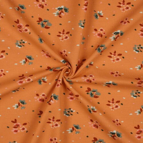 Waffle jersey small flowers - salmon orange