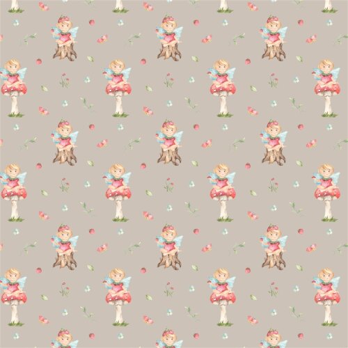 Cotton poplin digital flower elves - beige