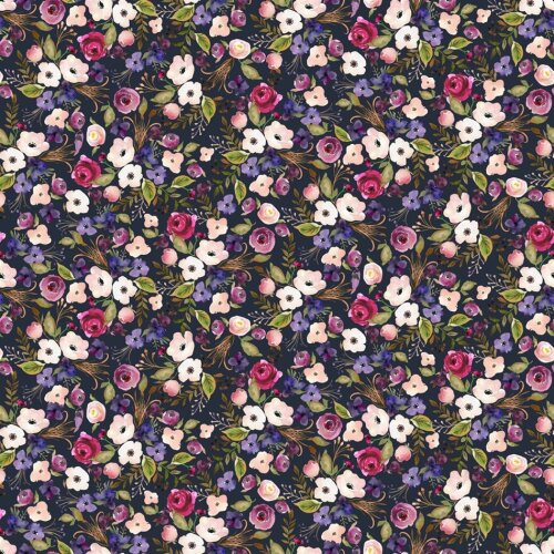 Cotton poplin digital spring bouquet - dark blue
