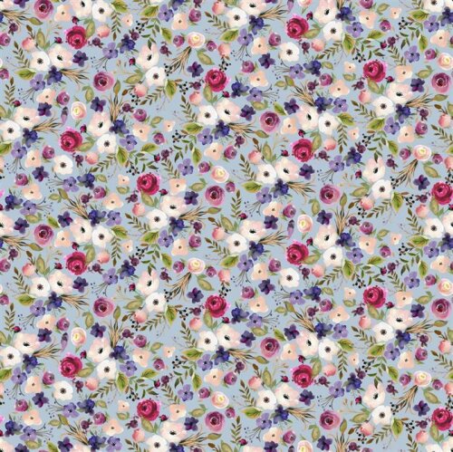 Cotton poplin digital spring bouquet - light blue