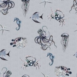 Tela digitale mondo sottomarino - look lino blu chiaro