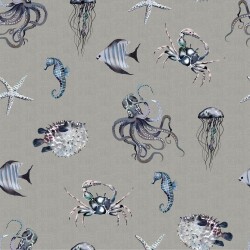 Tela digitale Mondo sommerso - aspetto lino grigio ciottolo