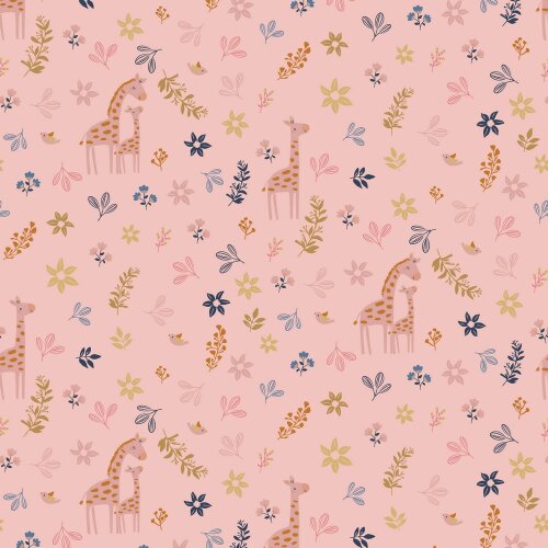 Popeline de coton Organic Girafe avec fleurs - rose quartz