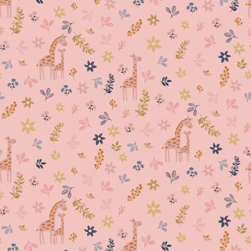 Katoenen popeline organische giraffe met bloemen - kwartsroze