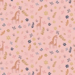 Cotton poplin organic giraffe with flowers - quartz pink