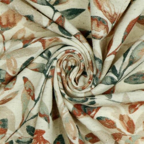 Linen Jersey Digital Leaves - dark green/ TERRACOTTA