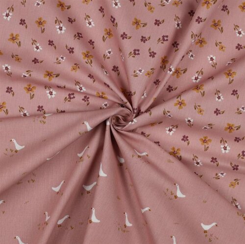 Popelín de algodón de oca y flores - rosa oscuro