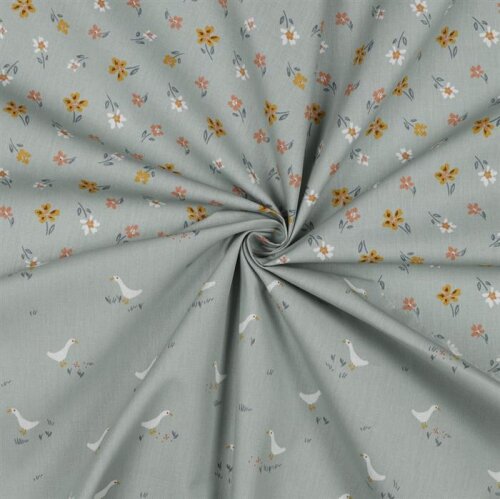 Cotton poplin goose & flowers - atlantic blue