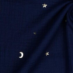 Mussola Oro Luna e Stelle - blu scuro