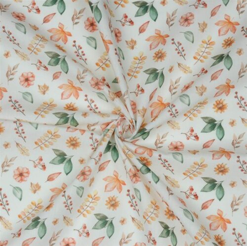 Cotton poplin digital autumn flowers - white