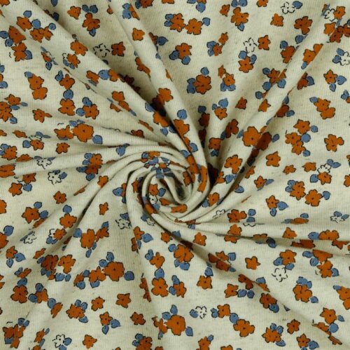 Leinenjersey kleine Blumen - natur/DARK APRICOT/BLUE