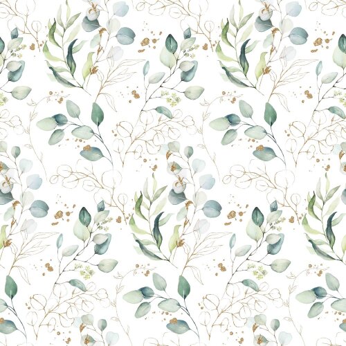 Cotton poplin digital eucalyptus leaves - white