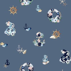 Tela digitale marittima con viticci floreali - blu denim