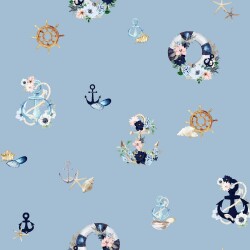 Tela digitale marittima con viticci floreali - azzurro