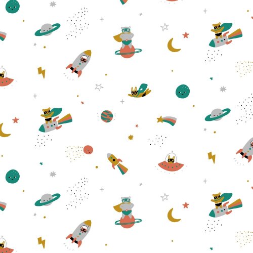 Cotton poplin animals in space - white