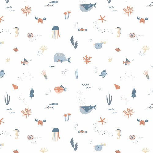 Cotton poplin organic marine animals - white