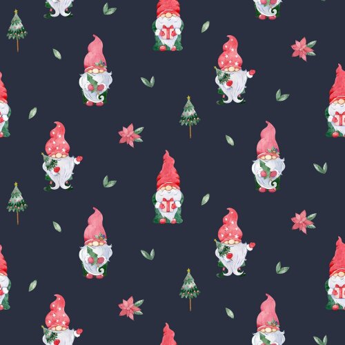Cotton poplin digital Christmas gnome - dark blue