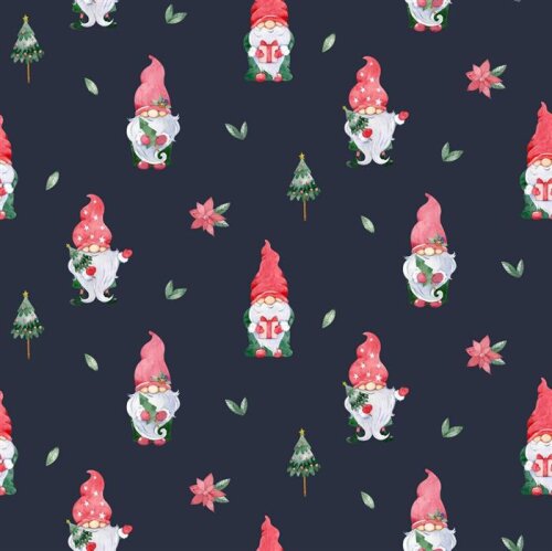 Cotton poplin digital Christmas gnome - dark blue